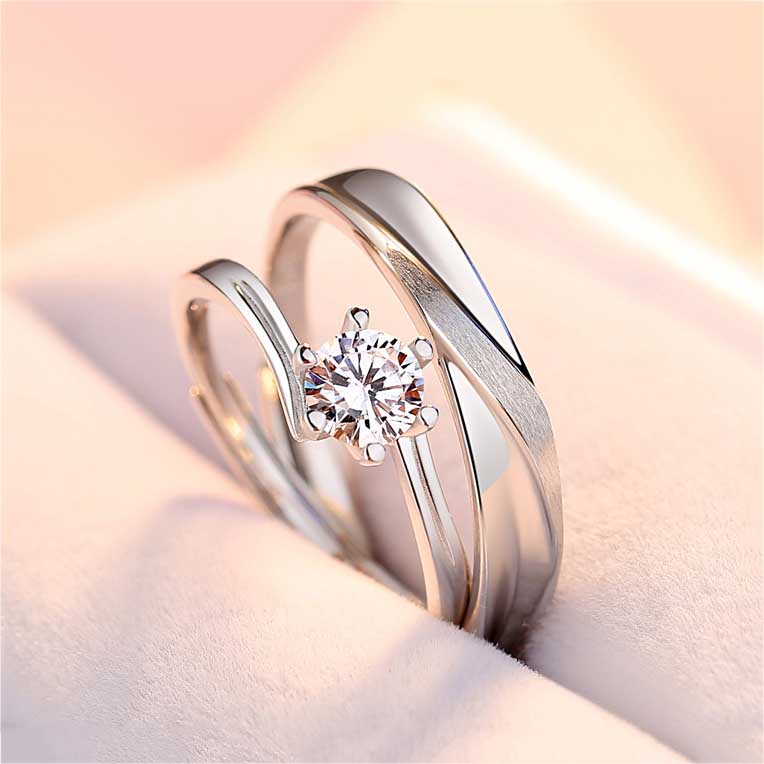 Classics Berlian Kristal Perak Baja Titanium Pasangan Pria Wanita Fashion Perhiasan Pernikahan Pertunangan Rings Adjustable Size