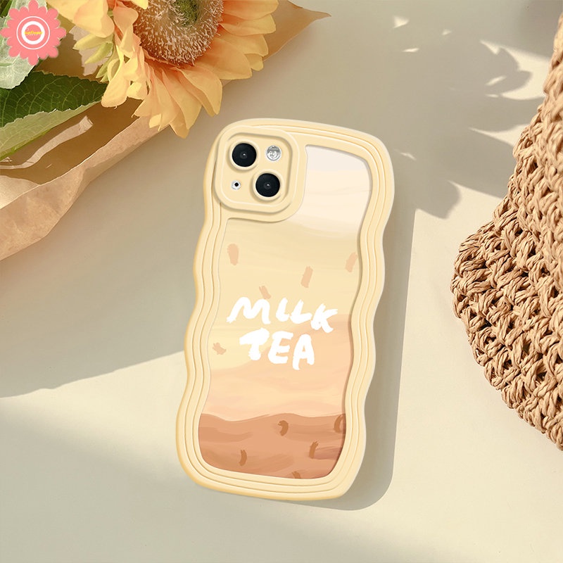 Compatible for iPhone 11 7 8 Plus 13 12 14 Pro Max XR 6s 6 X XS Max 14 Plus SE 2020 7Plus Protect Lens Cute Milk Tea Pattern Soft Wavy Edge Back Cover