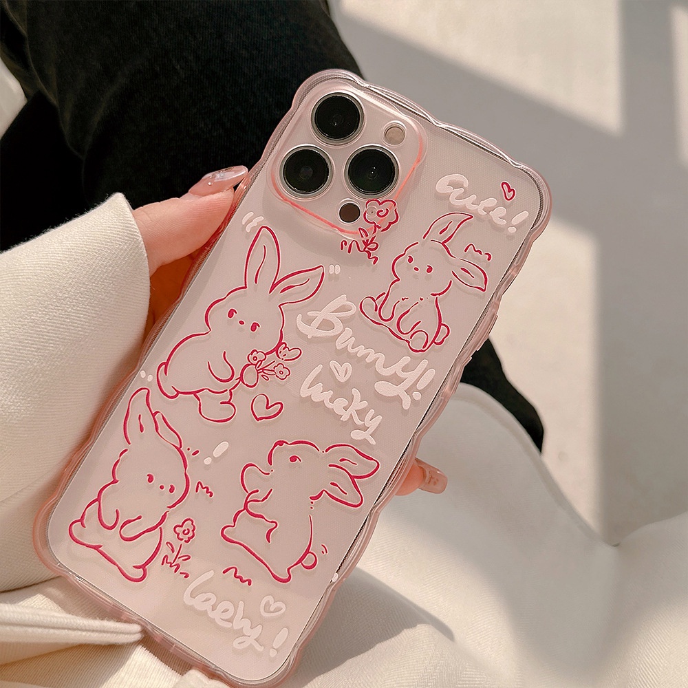 Ins Pink Line-picking Kelinci Kartun Wavy Edge Transparan Case Untuk Iphone SE 2020 7 /8 Plus 14x XR XM 11 12 MINI 13 PRO MAX Casing Cover Pelindung AT0094