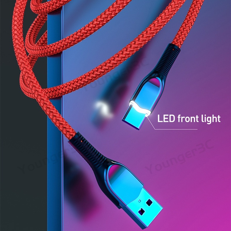 Kabel Data Lampu Depan LED Zinc Alloy 5A Kabel Pengisian Super Cepat 1.2M Nylon Braided USB Data Line Dengan Indikator