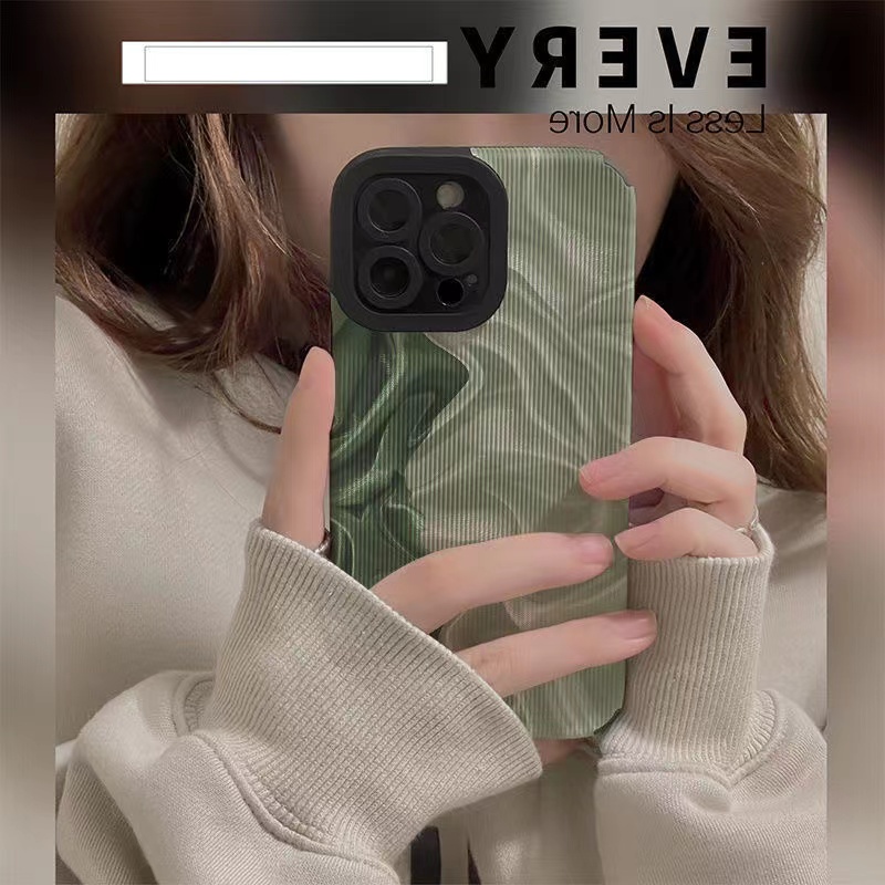 【Lamb Skin】Leather Soft Case IP IPhone 7 8 14 Plus 7+ 8+ X XR SE 2020 XS Max 11 12 13 14 Pro Max Phone Case Pretty Green Oil Painting Wave