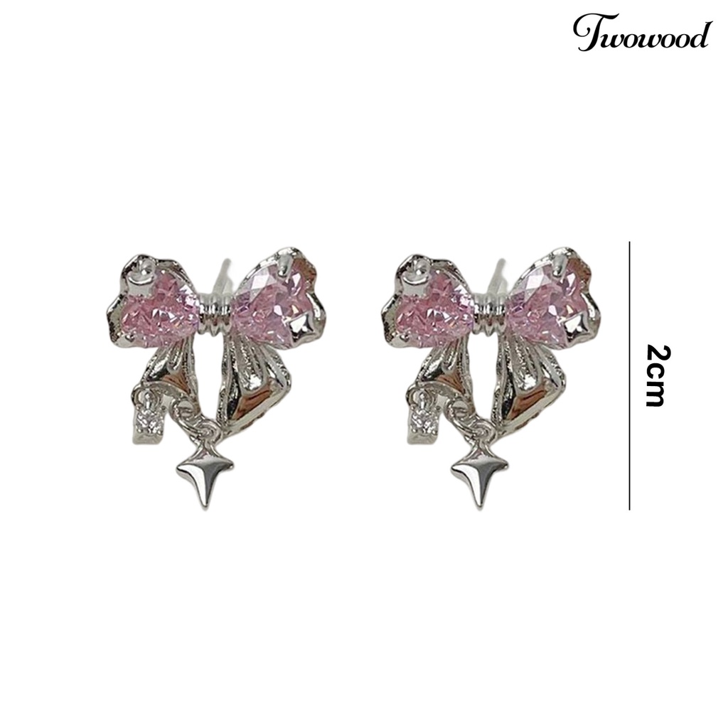 Twowood 1pasang Drop Earrings Temperamen Geometris Cubic Zirconia Eye-catching Tahan Aus Dekorasi High-end Sparkling Bows Pendant Earrings Perhiasan Aksesori