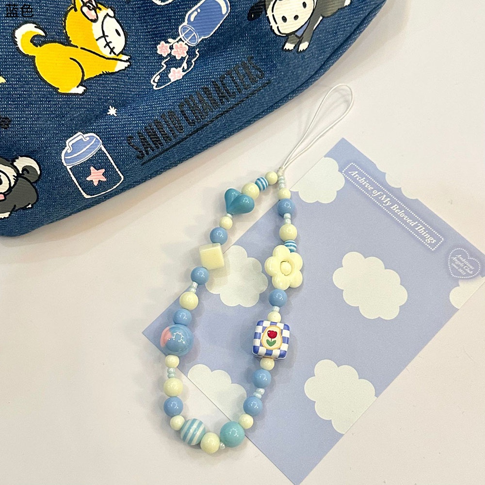 Ins Wind Beaded Mobile Phone Chain Sunflower Pearl Gantungan Kunci Hias Handphone Cord Free Punch Gratis Paking Ponsel Anti Hilang Aksesoris Ponsel Dekorasi