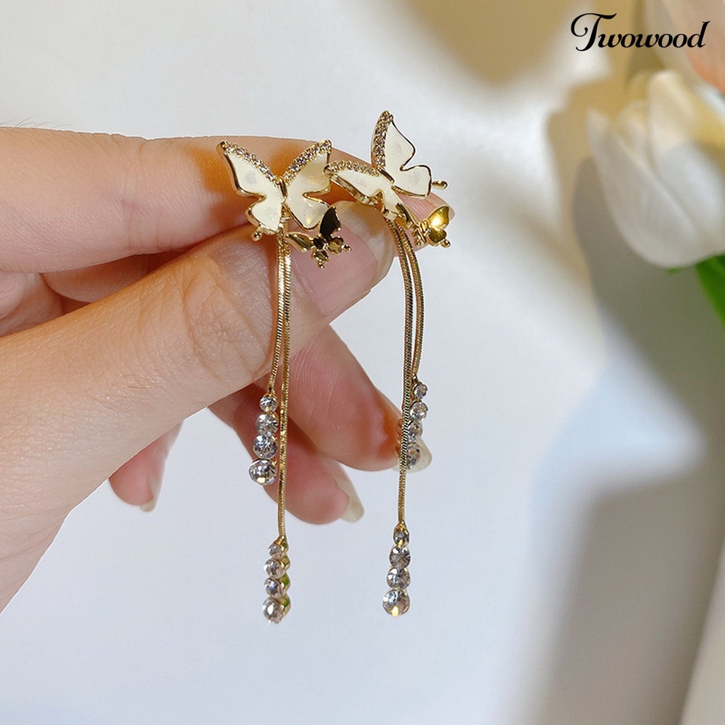 Twowood Pendant Earrings Glitter Mewah Rumbai Panjang Gaya Korea Kupu-Kupu Hias Berlian Imitasi Anting Panjang Aksesoris Fashion