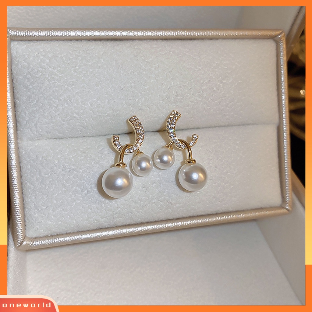 [OWR] 1pasang Anting Pejantan Dual Mutiara Imitasi Mungil Emas Bling Berlian Imitasi Wanita Drop Earrings Fashion Jewelry