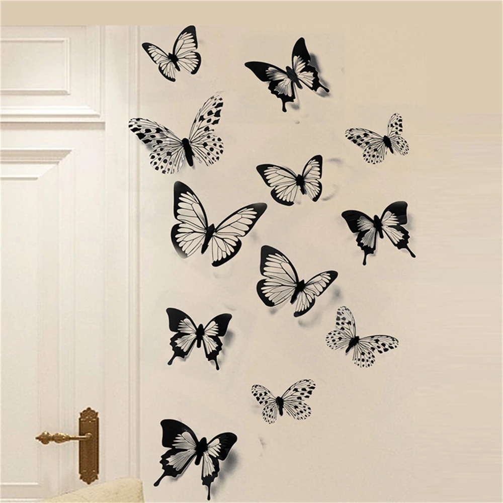 18pcs/set Hitam Dan Putih Kupu-Kupu Kristal Stiker Dinding/Kamar Seni Mural Kulkas Pernikahan Dekorasi Dinding Decals/3D Simulasi Kupu-Kupu Dekorasi Rumah