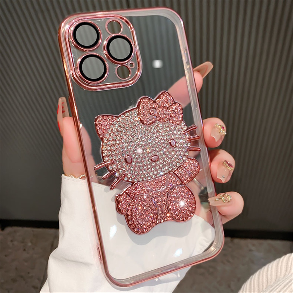 Kartun 3D Berlian Hello Kitty case iphone 14 pro max case iphone 13 12 pro Max14 plus promax Mewah Lensa Kamera Bening Tertutup Penuh Perlindungan shock Lembut Penutup Belakang