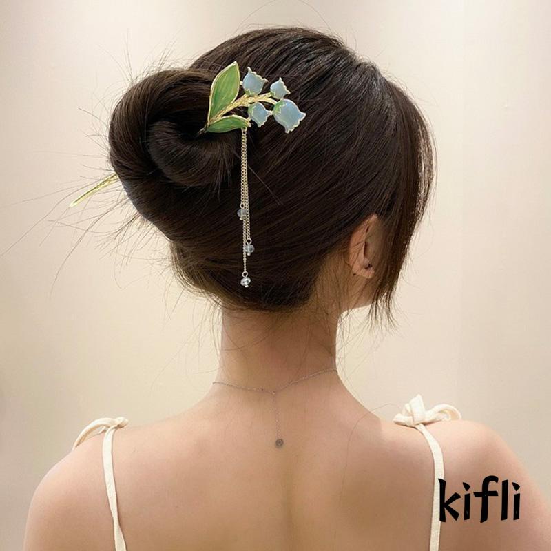 [KD] Wanita Rambut Stik Gadis Elegan  MutiaraLogam China Gaya Rumbai Bell Anggrek Hanfu Jepit Rambut