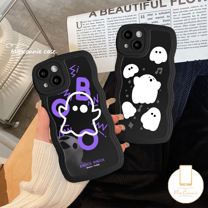 Casing Tepi Bergelombang Kompatibel Untuk iPhone 7Plus 11 Pro Max XR X XS Max 6s 7 8 6 14 Plus 13 11 12 14 Pro Max SE 2020 Kreatif Hantu Lucu Hitam Lembut Tpu Penutup Belakang