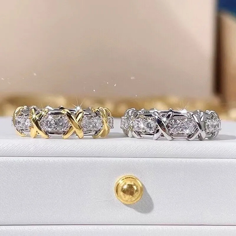 Sederhana Klasik Elegan Cincin Jari X Bentuk Pemisahan Bertatahkan Zirkon Emas Rings Fashion Mewah Populer Pertunangan Pernikahan Hadiah Pasangan Rings Indah