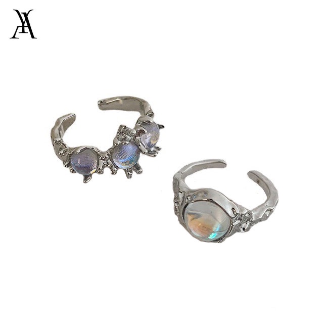 AY(CN) Cincin Perak Moonstone Korea Fashion Adjustable Opening Rings Untuk Aksesoris Perhiasan Wanita