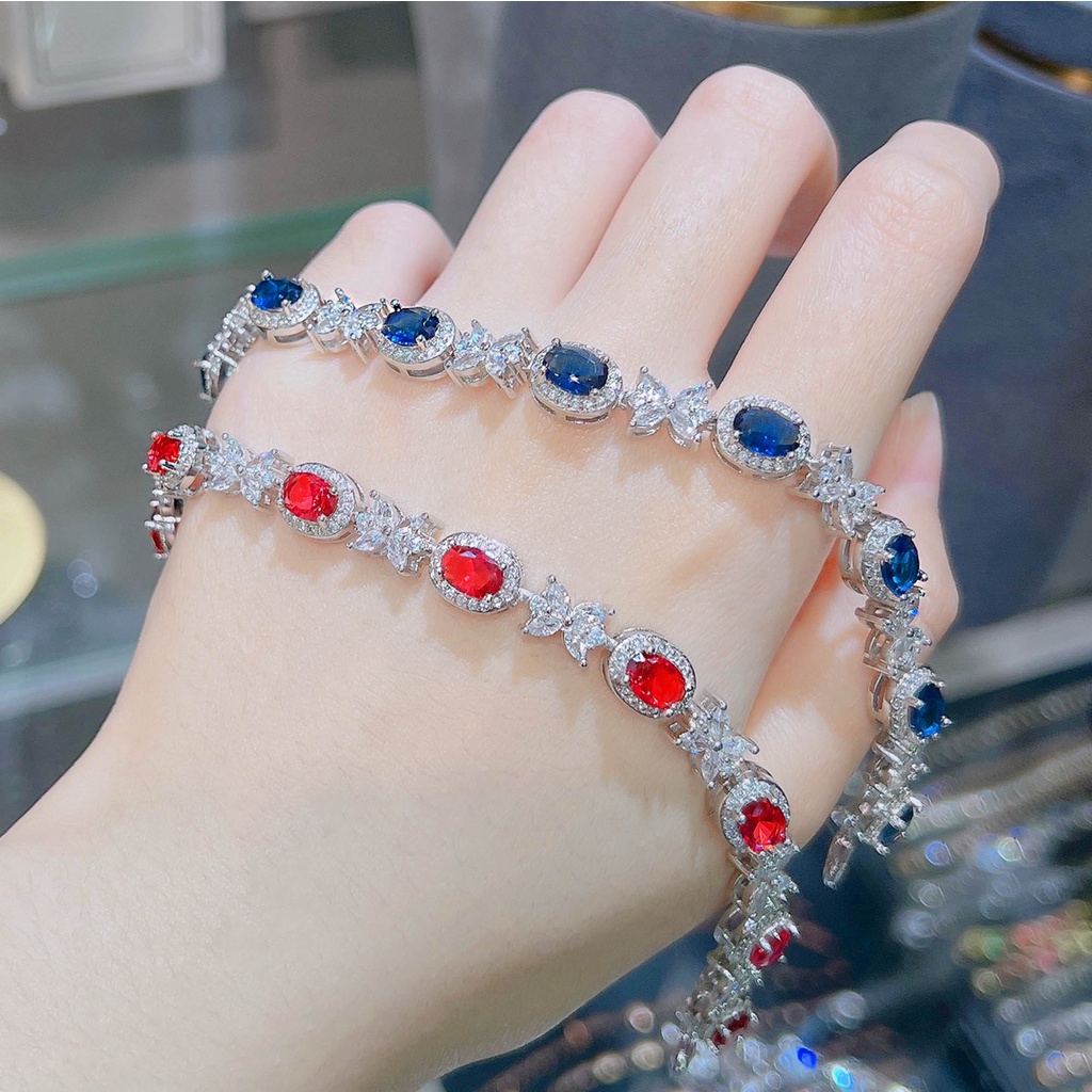Goldkingdom Fashion Perhiasan Aksesoris Ready Stock Mewah Royal Sapphire Gelang Wanita Perjamuan Pacaran Harian Saudara Teh Siang Berlian Merah Caibao Gelang