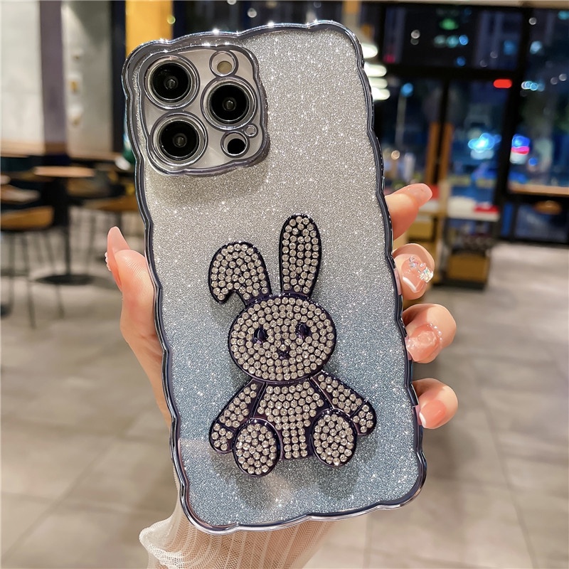 Luxury flash drill rabbit wavy border silicone soft shell phone case Kompatibel Untuk iphone14promax 13 12 11promax iphone11Pro Gradiasi shockproof back cover casing