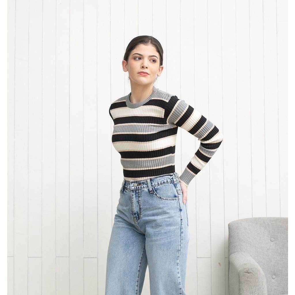 [✅COD ]Style Korea/Sweater Rajut Wanita Stripe Lengan panjang