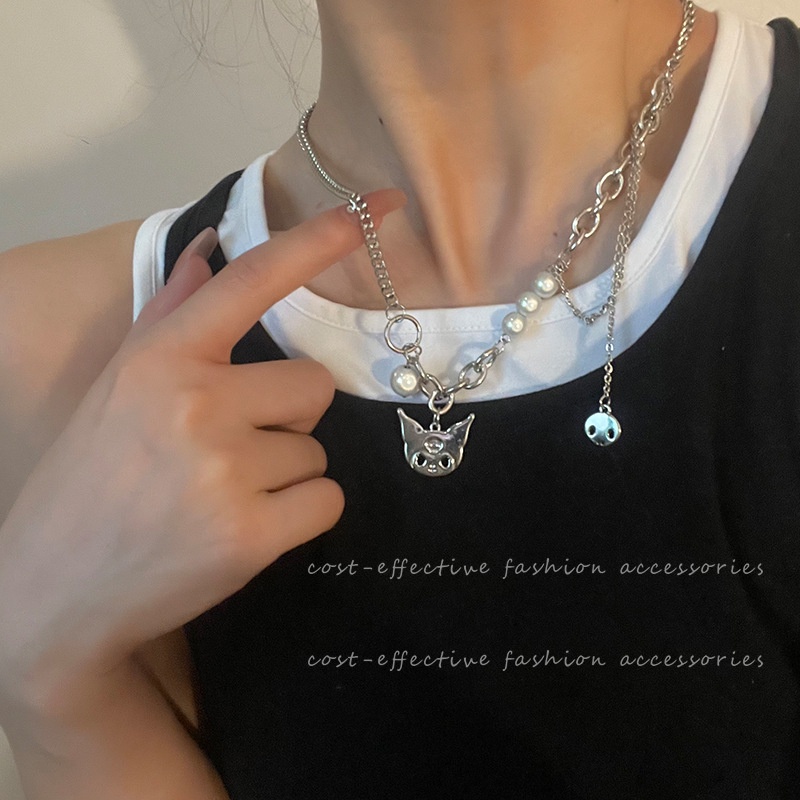 Kalung Mutiara Anime Lucu Rantai Titanium Steel Silver Untuk Aksesoris Perhiasan Fashion Wanita