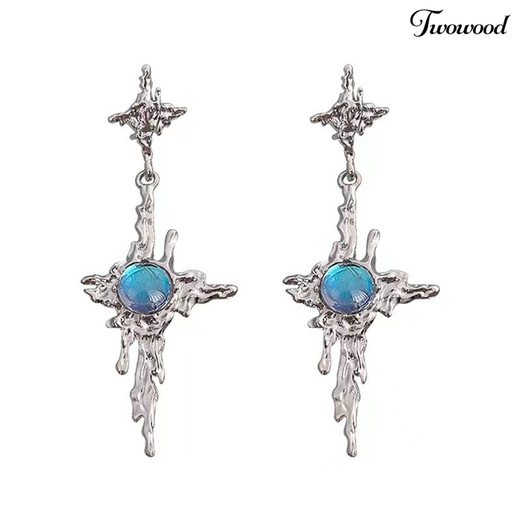 Twowood 1pasang Drop Earrings Tidak Teratur Logam Cair Panjang Rumbai Hip Hop Kilau Terang Hias Hadiah Wanita Salib Faux Moonstone Pendant Stud Earrings Perhiasan Aksesori Fashion