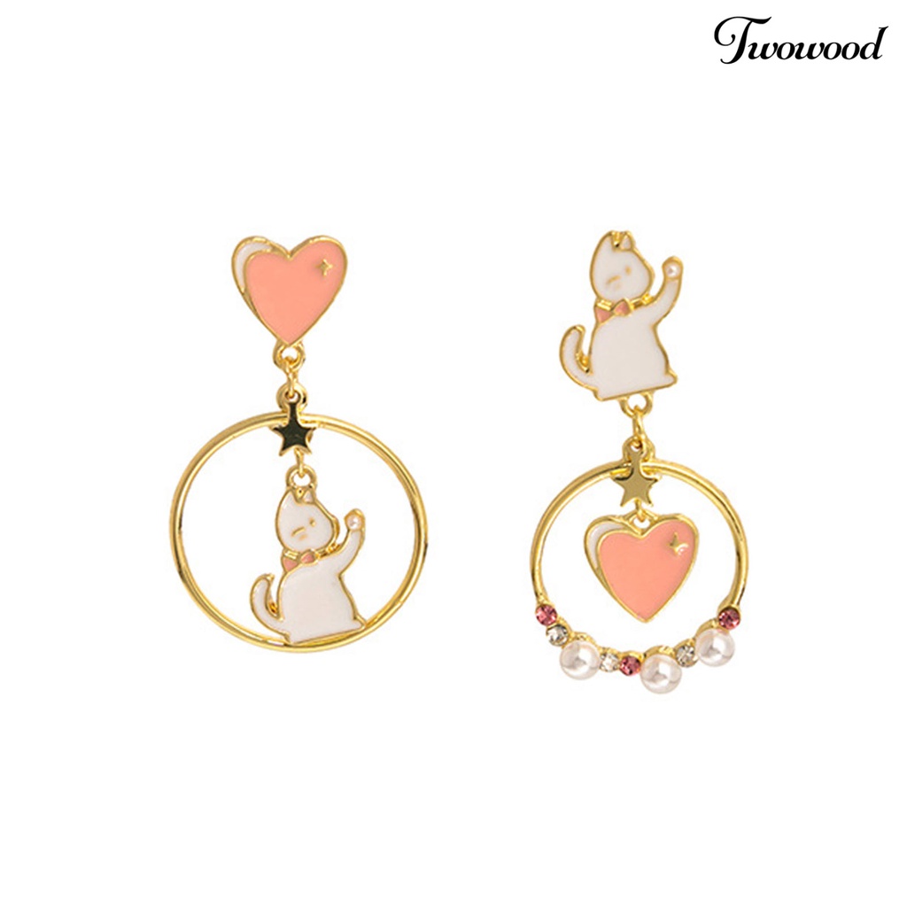 Twowood 1pasang Anting Pejantan Jepang Korea Gaya Berongga Cincin Berlian Imitasi Mutiara Imitasi Hadiah Menyenangkan Kartun Kucing Cinta Hati Gadis Drop Earrings Fashion Perhiasan