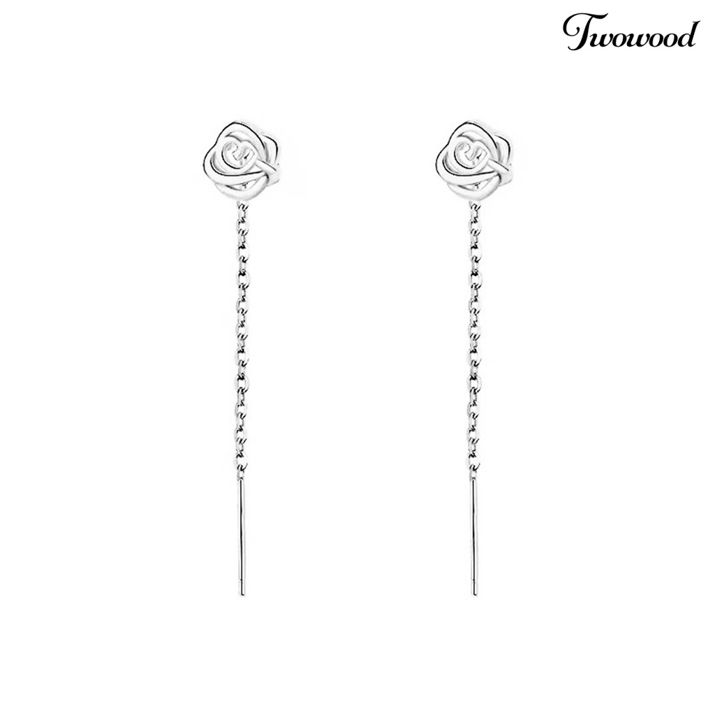 Twowood 1pasang Wanita Drop Earrings Bersinar Berongga-out Bunga Mawar Garis Rantai Gaya Elegan Telinga Dekorasi Warna Emas/Perak Panjang Liontin Anting Perjamuan Pesta Perhiasan