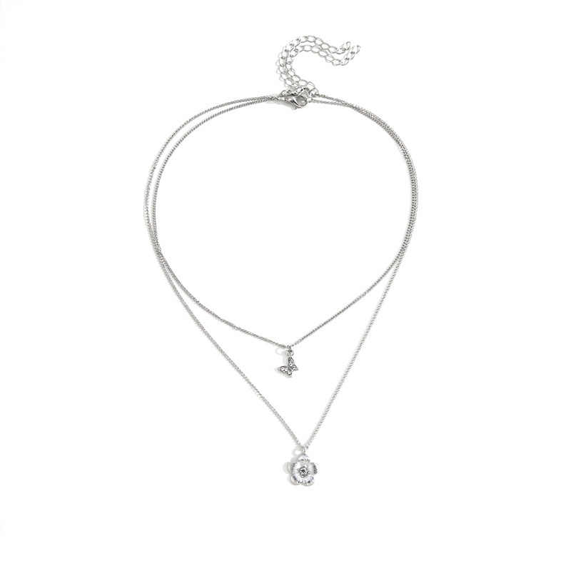 Modis Dan Mewah Liontin Kupu-Kupu Berlian Tiga Dimensi Dengan Kalung Berlapis Ganda, Rasa Desain Kecil INS Gaya Kalung Liontin Bunga Lima Kelopak