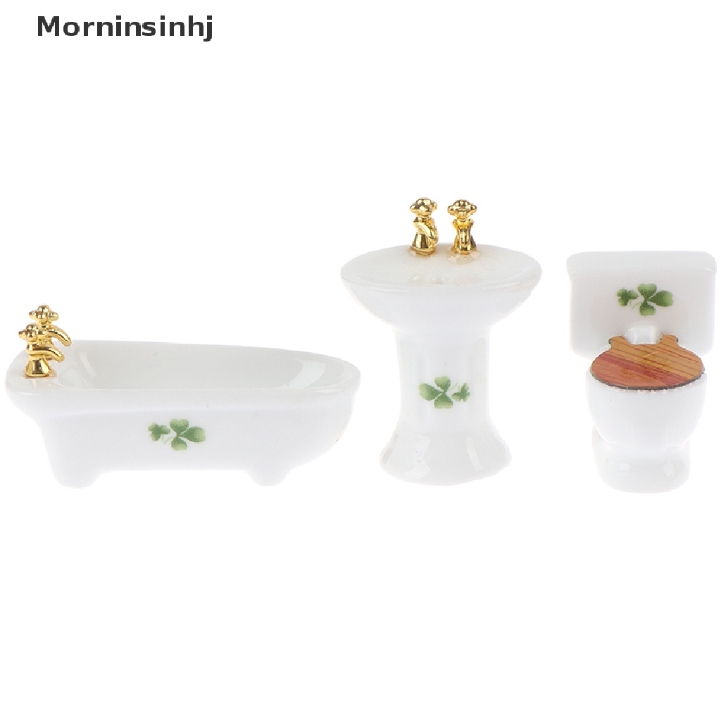 Mornin 3Pcs 1: 24rumah Boneka Miniatur Kamar Mandi Set Porselen Bathtub Toilet Wastafel Rumput id