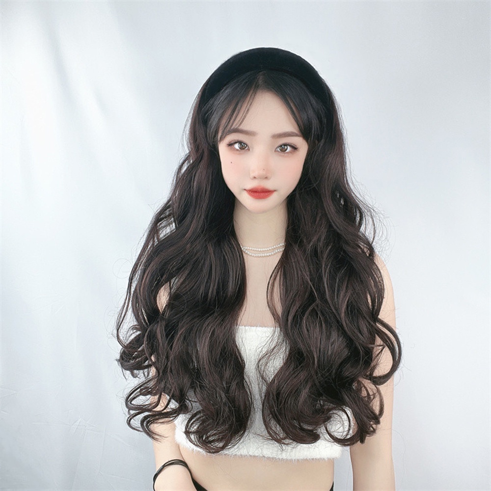 Wig Rambut Keriting Panjang Wanita Perempuan Dengan Hairband Half Head Cover Hair Extensions