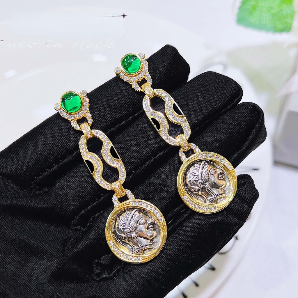 Goldkingdom Fashion Perhiasan Aksesoris Ready Stock Retro Anting Cahaya Mewah Dan Senior Rasa Gelas Potret Koin Kuno Stud Relief Tiga Dimensi Athena Anting Perempuan