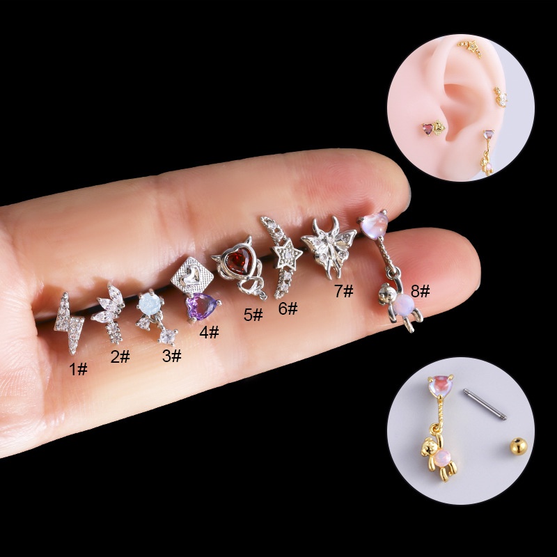 1biji Anting Tulang Rawan Stud Kepala Sekrup Ganda 20Gauge Helix Tindik Lobek Bahan Stainless Steel Dengan Zircon