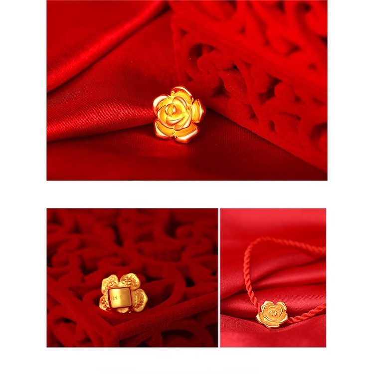 Goldkingdom Fashion Perhiasan Aksesoris Ready StockRed Rope Gelang Emas Asli Kadar 375 Lari Manik 3D Emas Asli Kadar 375 Imitasi Bead Anti-Emas Asli Kadar 375 Liontin Rose Perhiasan Hadiah