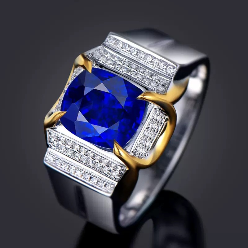 Goldkingdom Aksesoris Perhiasan Fashion Ready Stock Pt950 Srilanka Cincin Permata Biru Pria &amp; Duawarna Emas Asli Kadar 375 Bertatahkan Berlian Biru Cincin Warna-Warni Perempuan Permata Berwarna