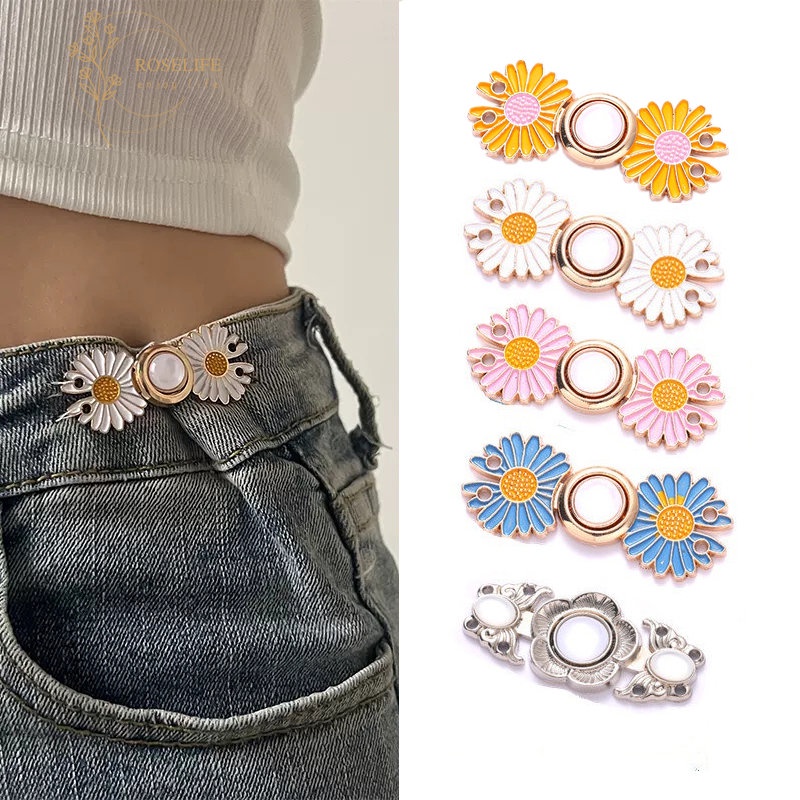 Roselife Celana Kulot Pinggang Daisy Jahit Kancing Pin Untuk Jeans DIY Adjustable Gesper Pinggang Bunga Snap Pengikat Klip Daisy Buttons