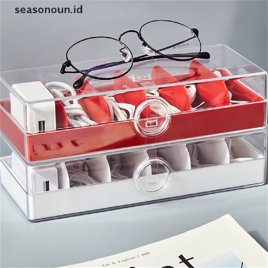 Seasonoun Kotak Penyimpanan Kabel Data Alat Tulis Meja Makeup Plastik Organizer Kunci Kotak Perhiasan.