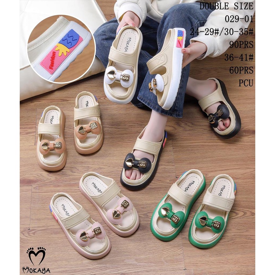 Sandal Slop Wanita dan Anak Cewek Ban 2 Pita Besar Permata Love Gold Super Pretty Kekinian Import Mokaya / Size 24-41 (029-01)