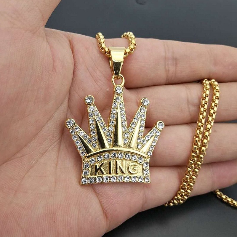 Vintage Pria Fashion 18 K Berlian Mahkota Liontin Kalung Pesta Punk Perhiasan Aksesoris