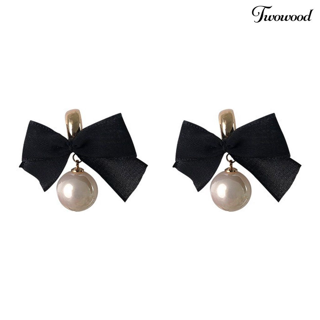 Twowood 1pasang Menjuntai Anting Retro Perancis Gaya Hitam Ikatan Simpul Elegan Hadiah High Gloss Mutiara Imitasi Wanita Drop Earrings Perhiasan Aksesoris