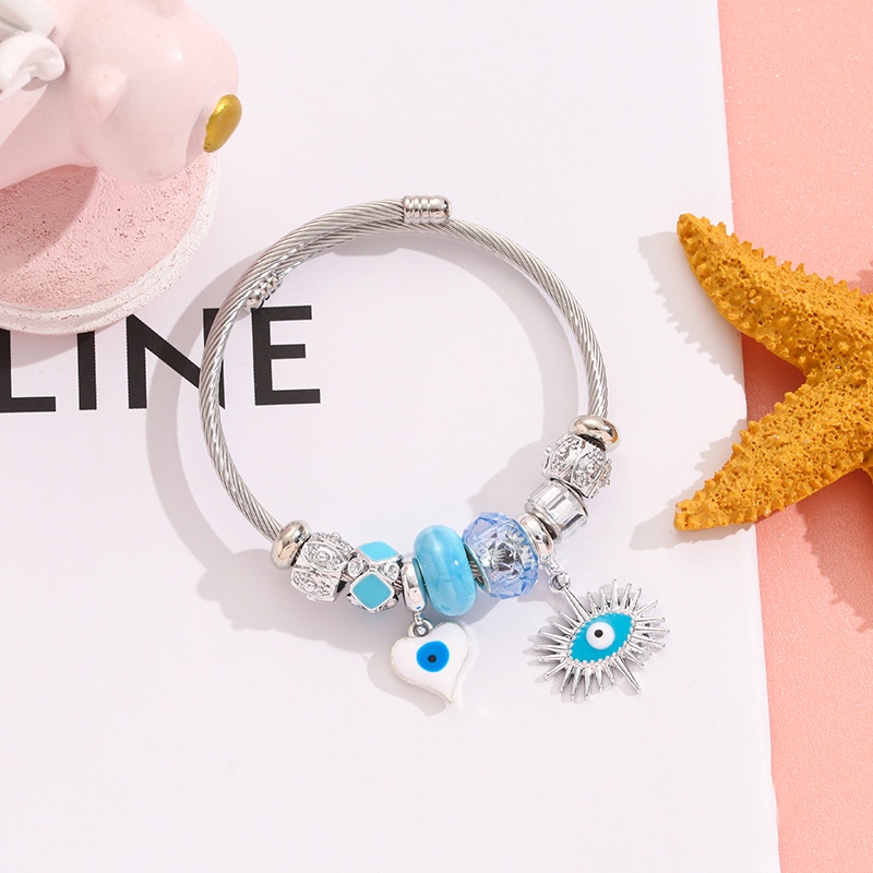 XiaoboACC DIY Stainless Steel Anti-Alergi Evil's Eye Liontin Terbuka Adjustable Charm Gelang