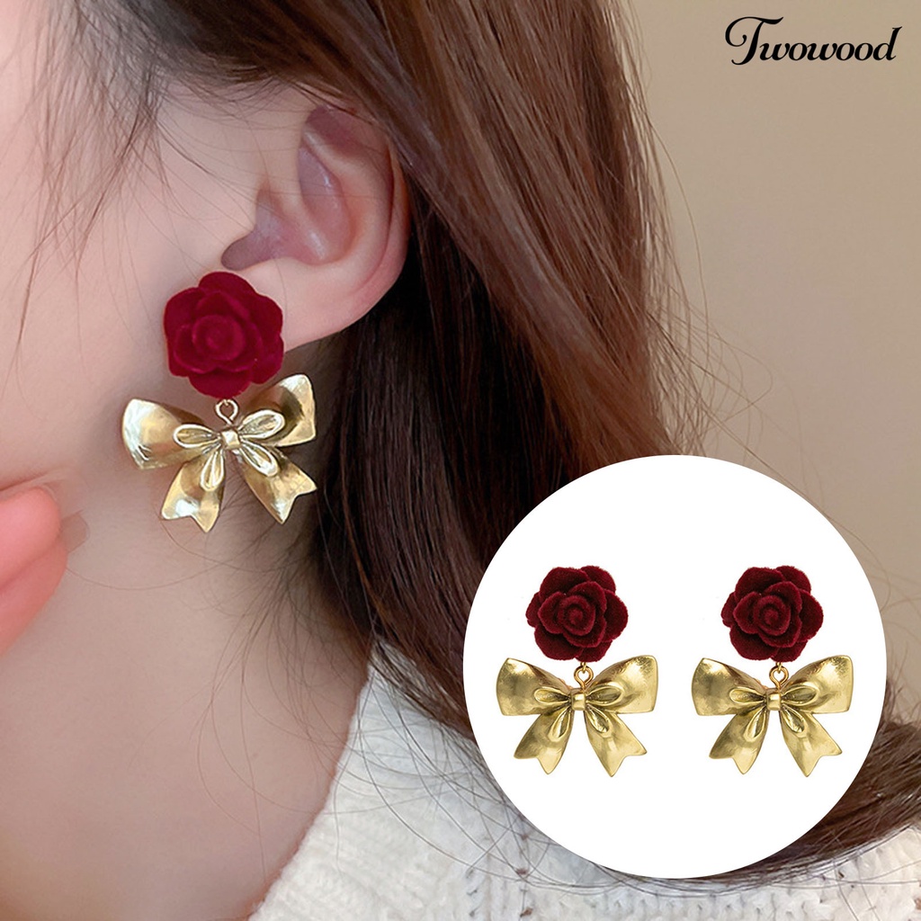 Twowood 1pasang Drop Earrings Romantis Tekstur Buram Jarum Perak Electroplate Pola Halus Berdandan High-end Bunga Mawar Busur Menjuntai Anting Untuk Pacaran