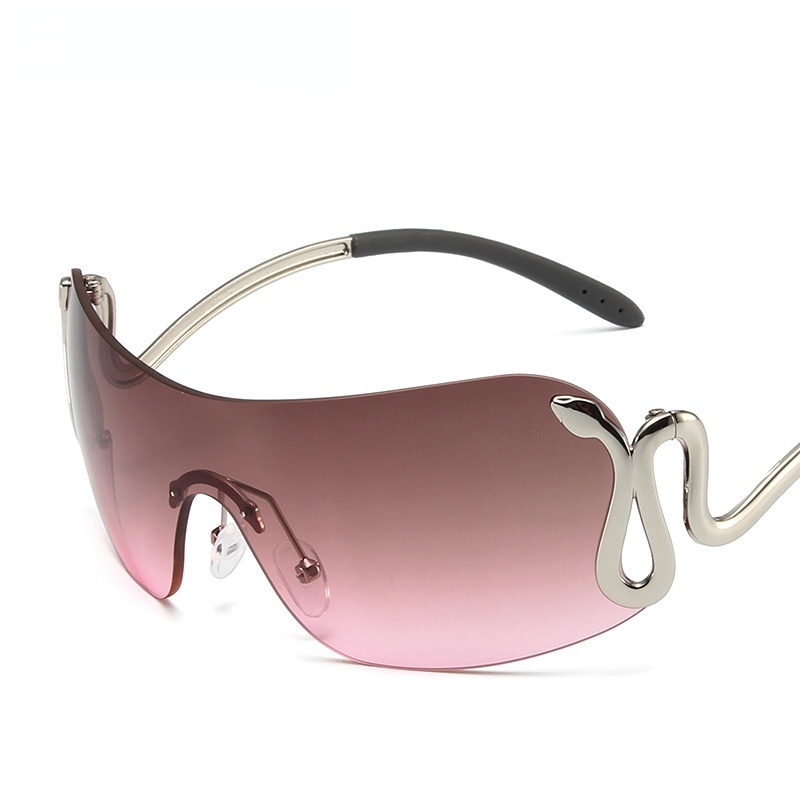 Kacamata Punk One-piece Rimless Silver Snake Bracket Sunglasses Pria Dan Wanita Model Tren Kacamata Foto Jalan