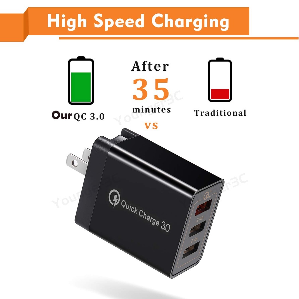 30w Steker Lipat Quick Charger 2.4A Fast Handphone USB Charger QC3.0 3port USB Dinding Charge Adaptor Charger Ponsel