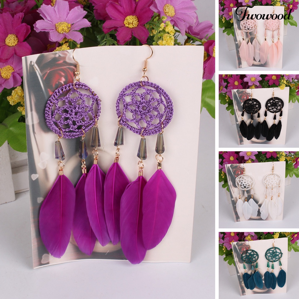 Twowood 1pasang Anting Kait Gaya Etnik Geometris Handmade Liontin Temperamen Dekorasi Aksesori Dreamcatcher Vintage Boho Artificial Bulu Rumbai Anting