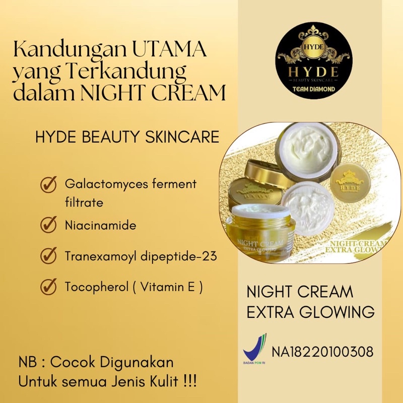 Night Cream Glowing Hyde Beauty Skincare Original Cream malem Hyde Hayde Beauty Skincare Pemutih Pencerah Wajah Glowing Flek Hitam Jerawat Acne BPOM Distributor Hyde Lampung Jakarta Metro