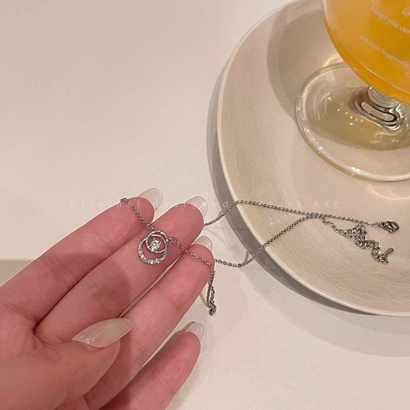 Papaozhu Korea s925 Perak Double Hollow Bersinar Zirkon Lingkaran Liontin Kalung Untuk Wanita Perempuan Elegan Berkilauan Kristal Geometris Tulang Selangka Rantai Kalung Perhiasan Aksesoris