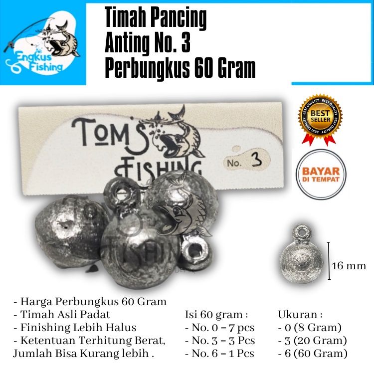 Timah Pancing Model Anting Bulat Perbungkus 60gram (No.0/8gr, 3/20gr &amp; 6/60gr) Murah - Engkus Fishing