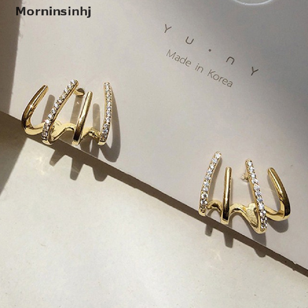 Mornin Berlian Imitasi Empat Cakar Baris Anting Perempuan Sederhana Korea Shiny Earrings Party id