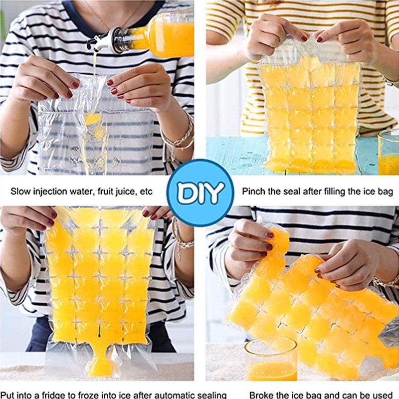 10pcs Kantong Pembuat Es Bening Sekali Pakai 24kisi Disegel Sendiri Cetakan Es Batu Musim Panas Jelly Cepat Pembekuan Kantong Keluarga Minuman Dingin DIY Cetakan Pack