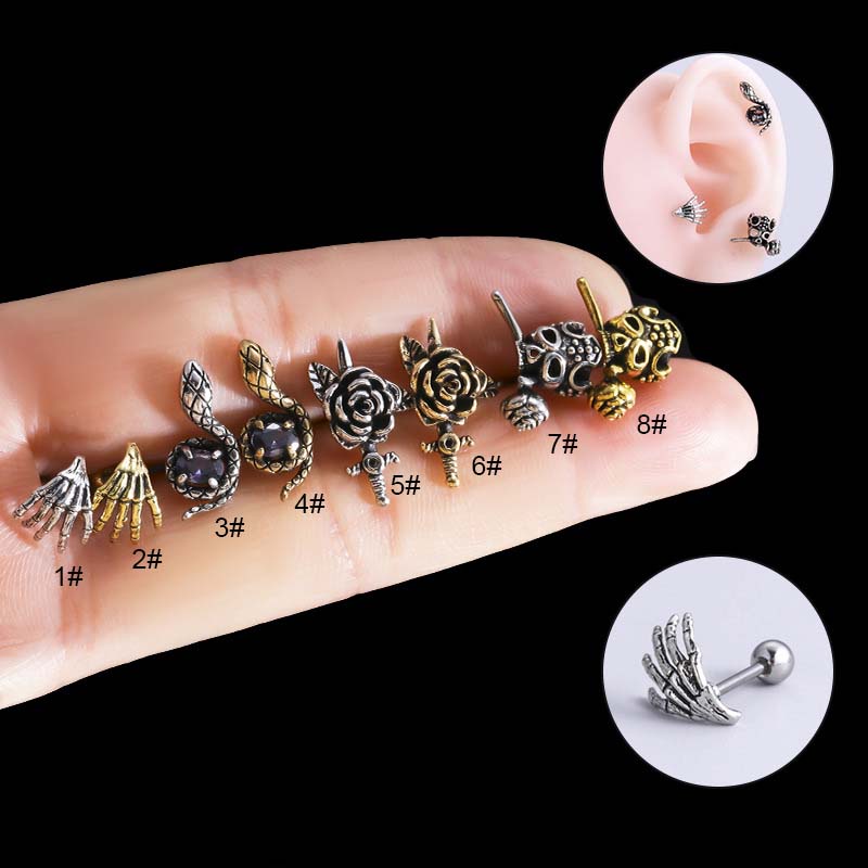 1biji Gaya Vintage Ular Tengkorak Kepala Bentuk Bunga Mawar Anting Helix Lobe Pinna Piercing Stud2023Baru