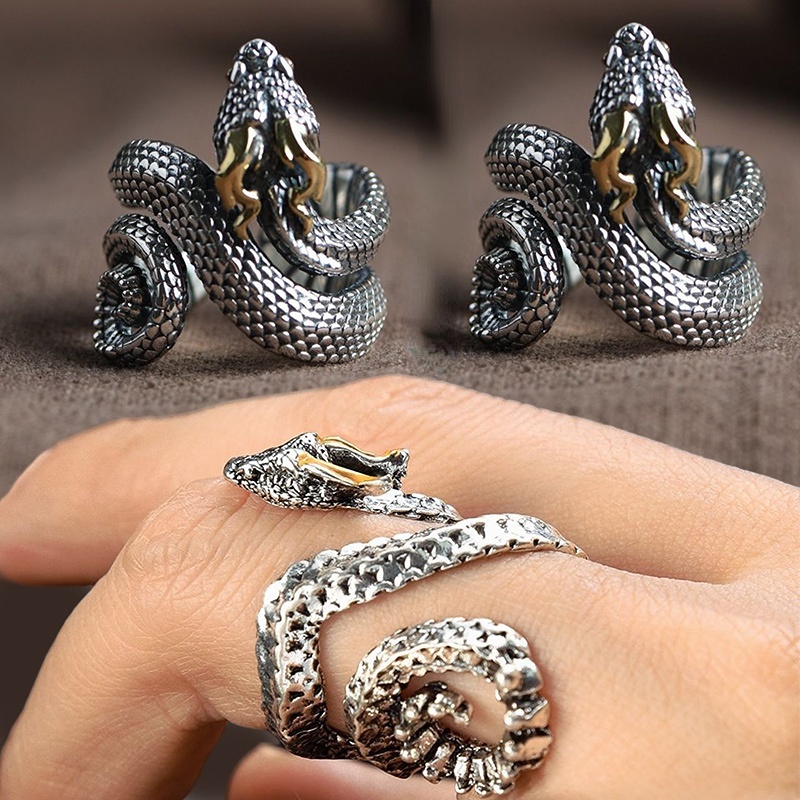 Cincin Ular Vintage Gaya Punk Untuk Pria Wanita/Gothic Tiga Dimensi Berlebihan Snake Ring Perhiasan Fashion