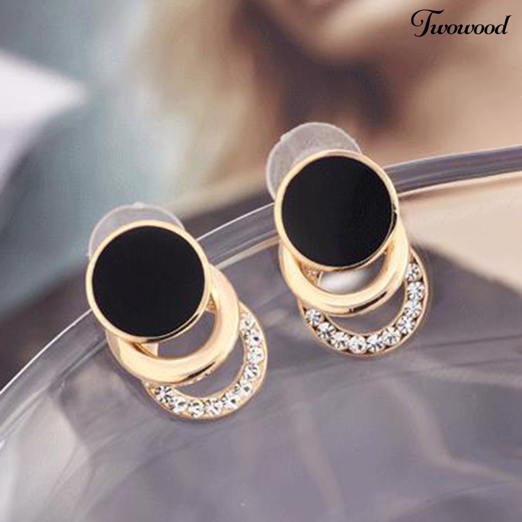 Twowood 1pasang Ear Studs Multi-layer 3cincin Bulat Lingkaran Hitam Hadiah Fashion Perhiasan Berlian Imitasi Berkilau Wanita Anting Untuk Harian