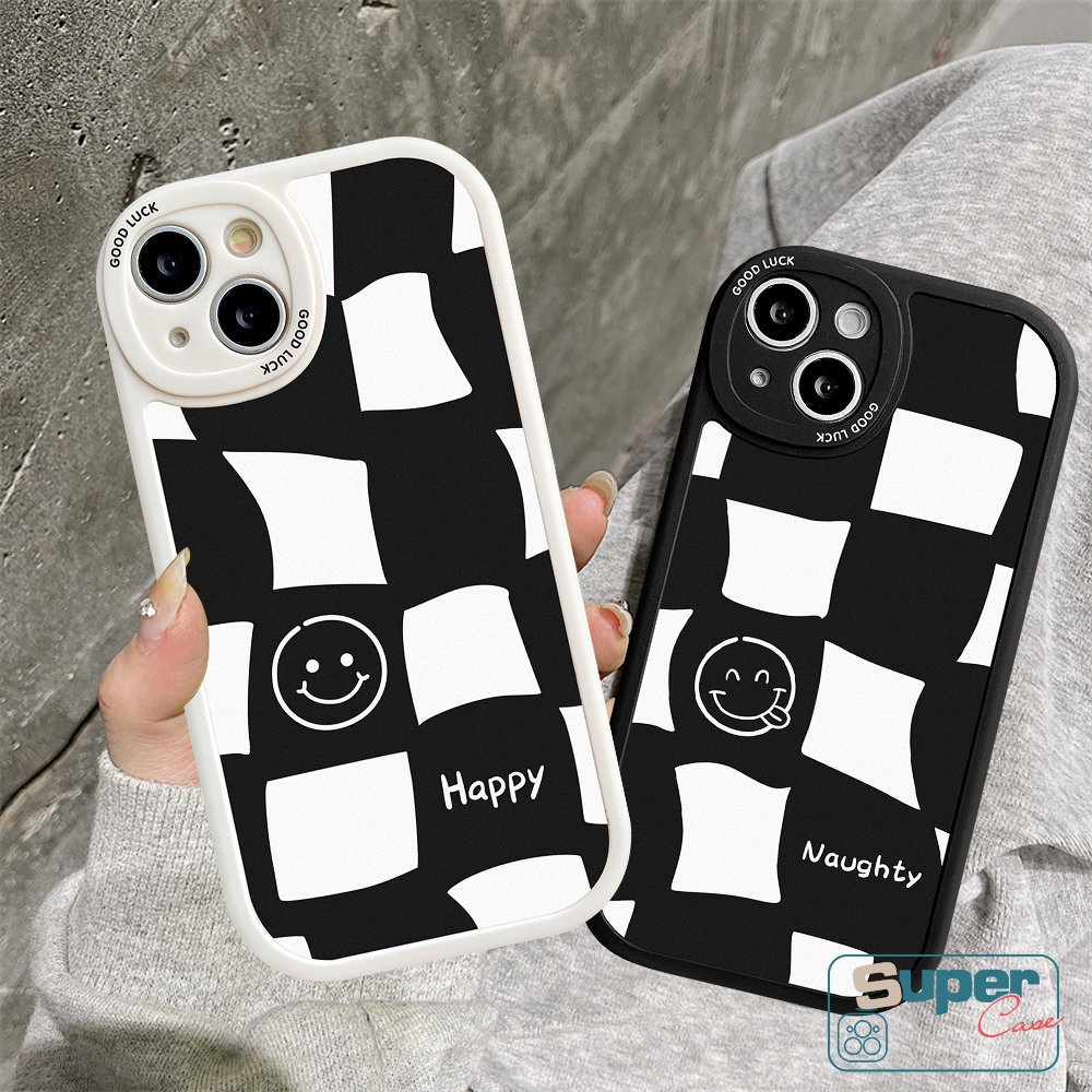 Case Pasangan Kotak-Kotak Hitam Putih Simple Realme C53 9i 7i 6i 6s 6 8i 8 10 Pro C55 C12 C11 C21Y C25Y C30 C31 C25s C15 C35 5 8 C21 C17 C20A C20 C17 Fashion Smile Soft TPU Cover