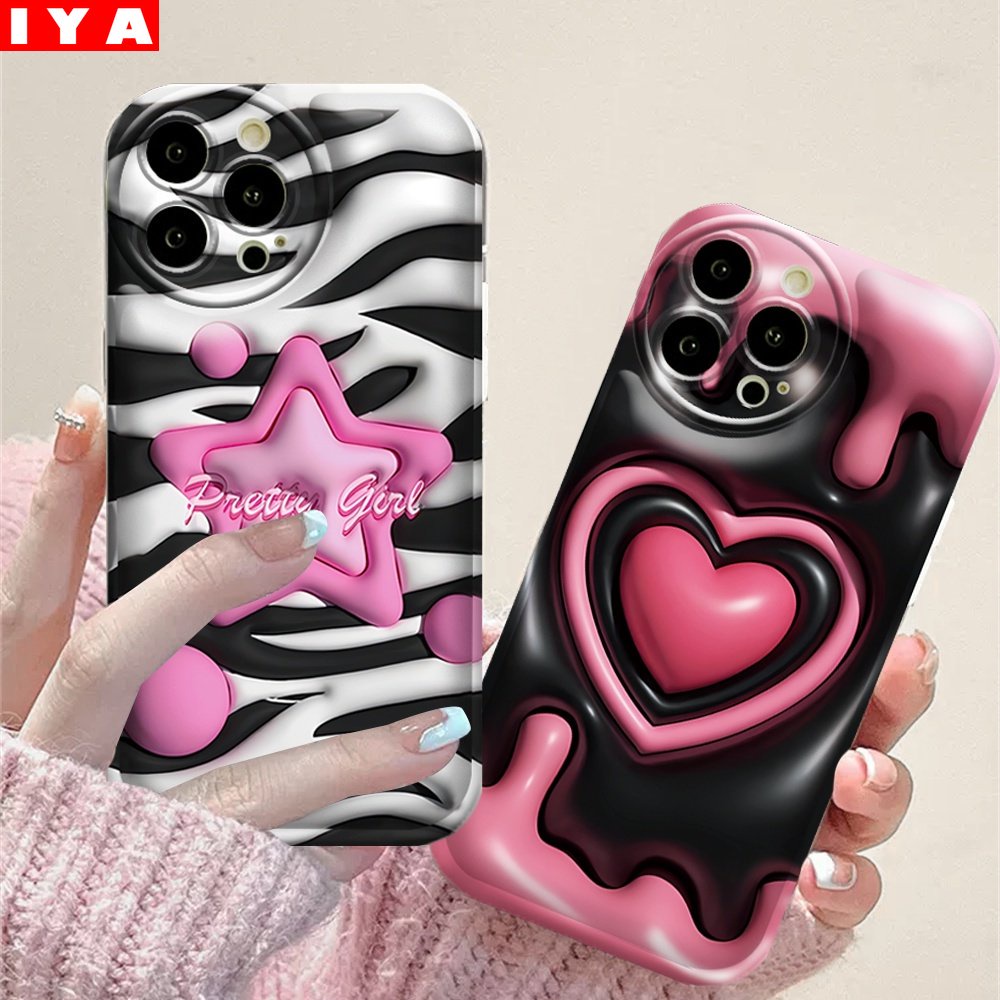 Love Hearts Case Realme 10 C21Y C25Y C15 C12 C25S C11 C20 realme5 5i 6i C3 8i Motif Zebra Pink Stars Pink Bantal Udara TPU Phone Cover