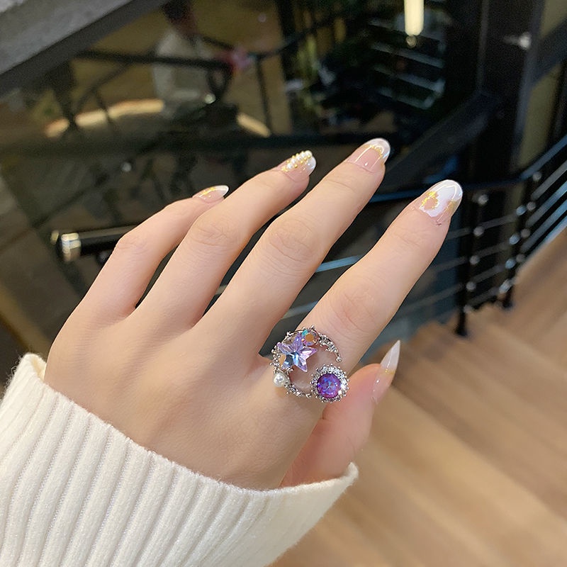 Cincin Planet Biru Mengkilap Niche Aksesoris Mahasiswa Elegan Rempah Gadis Pesta Bintang Pembukaan Cincin Mewah Mutiara Dan Berlian Ring